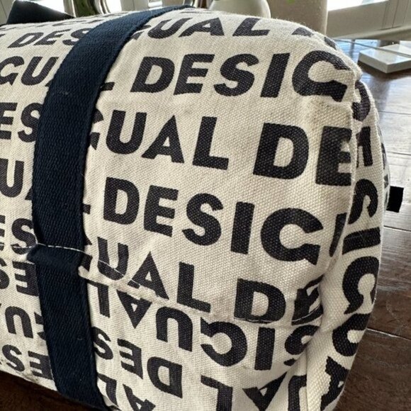 Desigual White Navy Logo Spell Out Canvas Large Zip Snap Top Closure Duffle Bag - Picture 6 of 9